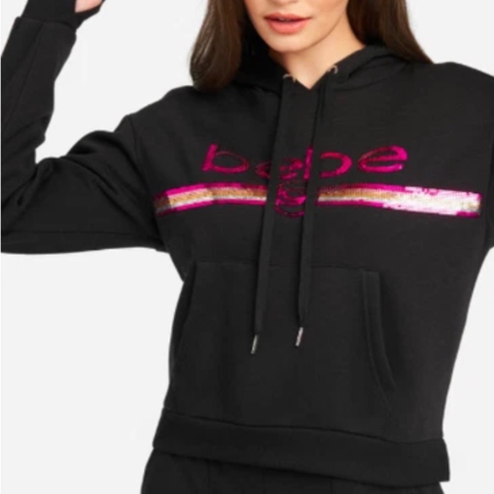 Bebe Black Hoodie with Pink Accents Size 1XL New